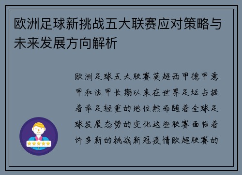 欧洲足球新挑战五大联赛应对策略与未来发展方向解析