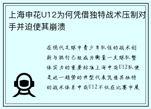 上海申花U12为何凭借独特战术压制对手并迫使其崩溃