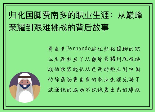 归化国脚费南多的职业生涯：从巅峰荣耀到艰难挑战的背后故事