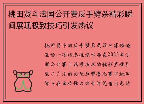 桃田贤斗法国公开赛反手劈杀精彩瞬间展现极致技巧引发热议